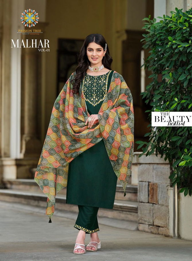 Malhar Vol 1 By Passion Tree Roman Silk Designer Kurti With Bottom Dupatta Wholesale Online
